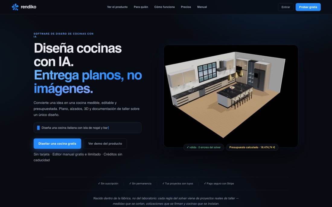 Página de inicio de Rendiko con el ejemplo de una cocina en 3D y su presupuesto calculado