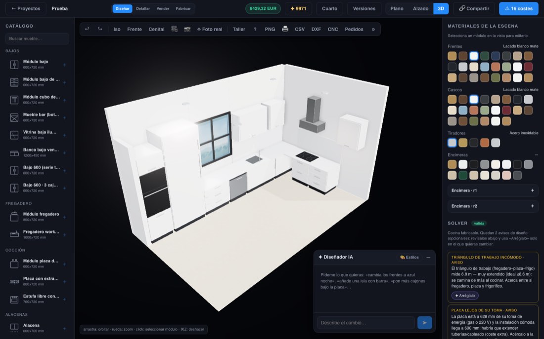 Editor 3D de Rendiko con catálogo a la izquierda, cocina en 3D en el centro y materiales, solver y presupuesto a la derecha