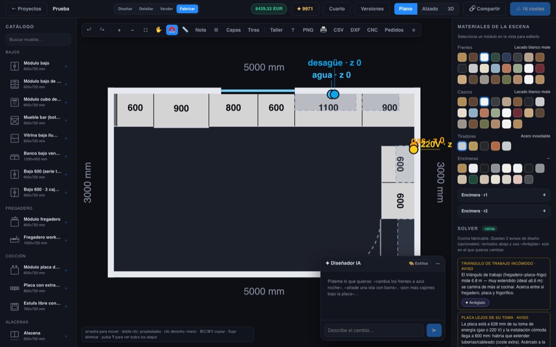 Espacio Fabricar de Rendiko con el plano acotado y la barra de exportables CSV, DXF, CNC y Pedidos